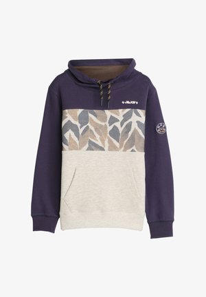 Hoodie met een paars bovenstuk, een beige middenstuk met bladerenpatroon en een lichtgrijze onderkant; voorzien van een trekkoord en voorzakken.