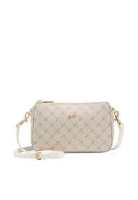 Bežová crossbody taška s vzorom a zlatými komponentmi, s odnímateľným bielym popruhom. Obdĺžnikový tvar s zipsovým uzáverom a detailom loga.