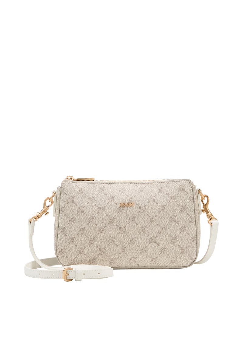 Bežová crossbody taška s vzorom a zlatými komponentmi, s odnímateľným bielym popruhom. Obdĺžnikový tvar s zipsovým uzáverom a detailom loga.