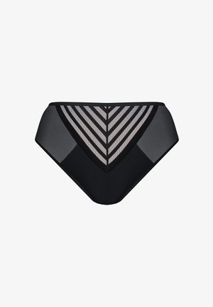Fekete bikini alsórész áttetsző hálós oldalakkal és elülső csíkos hálós panellel, V alakban, fehér háttér előtt.
