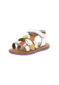 Vita sandaler med blommiga applikationer i orange, gult och vitt. Har flera remmar, en öppen tådesign och en brun sula.