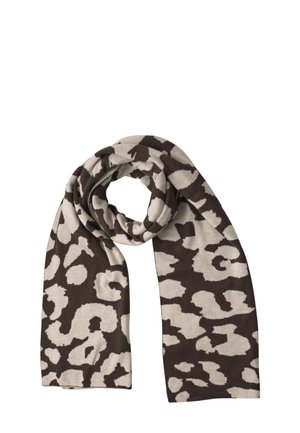Blødt tørklæde med abstrakt mørkebrunt og beige dyreprint, løst snoet i midten på en hvid baggrund.