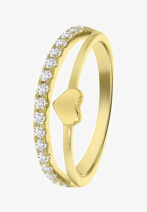 Gouden ring met een hartvormige accent in het midden, versierd met een rij heldere, sprankelende stenen aan één zijde.