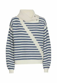 Gestreepte trui met een hoge kraag, voorzien van marineblauwe en crème horizontale strepen, geribbelde textuur en twee knoopaccenten op de kraag.