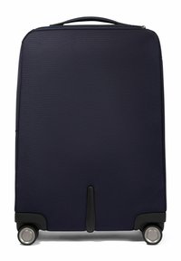 Marineblauer Koffer mit strukturiertem Stoff, robustem schwarzen Rand, glatten Rollen und einem oberen Griff. Verfügt über ein minimalistisches rechteckiges Design.