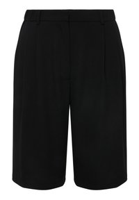 Zwarte op maat gemaakte shorts met een gladde textuur, voorzien van een middelhoge taille, zijplooien en afgeknotte randen. Geschikt voor zowel casual als formele gelegenheden.