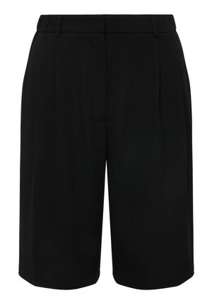 Shorts neri sartoriali con una texture liscia, dotati di una vita media, pieghe laterali e orli rifiniti. Adatti per abbigliamento casual e formale.