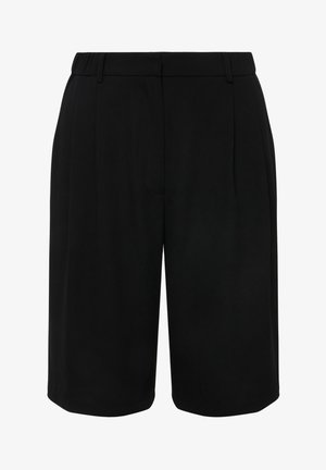 Shorts noirs ajustés avec une texture lisse, dotés d'une taille mi-haute, de plis latéraux et de bords ourlés. Convient pour un usage décontracté et formel.