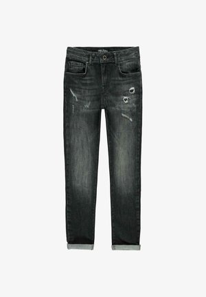 Zwarte, vervaagde slim-fit jeans met opgerolde boorden en verweerde details nabij de voorzakken en dijen.