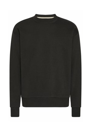 Sweatshirt noir à col ras du cou, fabriqué en tissu doux et texturé, avec des manches longues et des poignets et un ourlet côtelés. Design simple, de couleur unie.