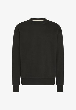 Schwarzer Sweatshirt mit Rundhalsausschnitt, aus weichem, strukturiertem Stoff, mit langen Ärmeln sowie gerippten Bündchen und Saum. Einfaches, einfarbiges Design.