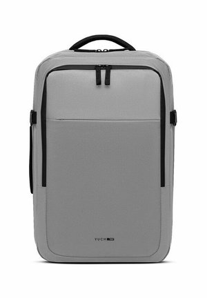 Gray backpack with a smooth, matte texture. Features two zippered compartments, black accents, and a top handle for carrying.