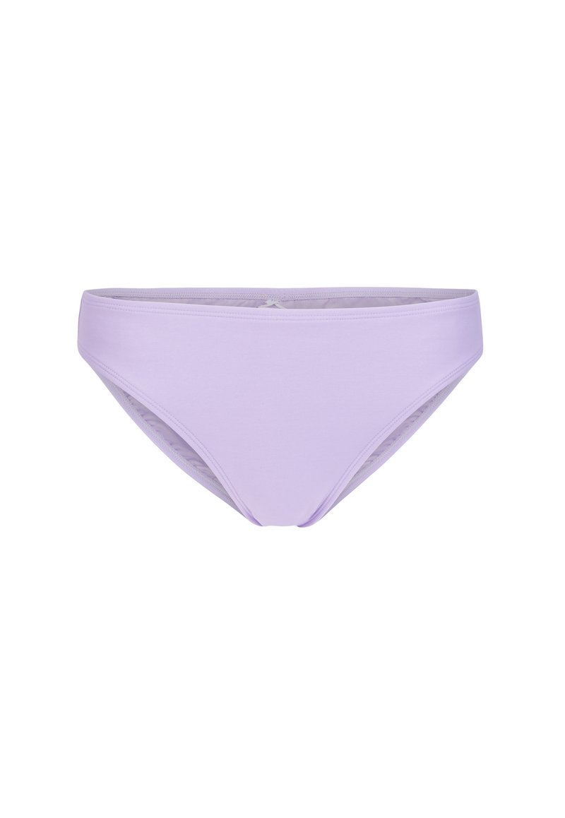 Bas de bikini lilas en tissu lisse et extensible. Présente un design classique taille basse avec une couverture minimale et des bords sans couture.