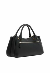 Sac à main en cuir noir avec deux poignées, poche avant zippée et détails en métal doré, présenté sur un fond blanc.