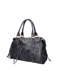 Borsa a mano in pelle nera con dettagli in oro, manici superiori, frange laterali e tasca frontale con zip. Presenta una finitura testurizzata e accessori in metallo.