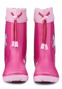 Roze rubberen regenlaarzen met een glanzende afwerking, voorzien van een roze stoffen boord en gevlochten strikken, versierd met een witte eenhoornafbeelding aan de zijkant.