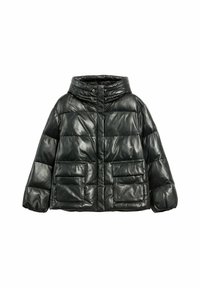Czarna kurtka puchowa z błyszczącym wykończeniem, wysoki kołnierz, zapięcie na guziki oraz dwie przednie kieszenie naszyte. Posiada pikowaną konstrukcję oraz elastyczne mankiety.