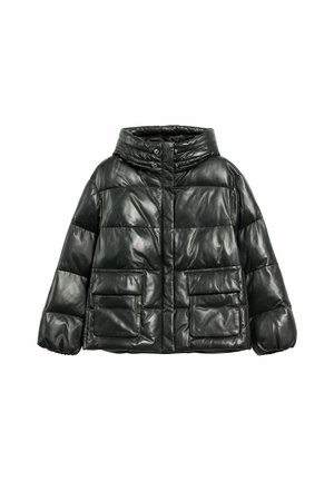 Czarna kurtka puchowa z błyszczącym wykończeniem, wysoki kołnierz, zapięcie na guziki oraz dwie przednie kieszenie naszyte. Posiada pikowaną konstrukcję oraz elastyczne mankiety.