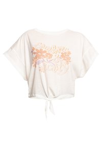 Weißes, kurzes T-Shirt mit kurzen Ärmeln, das ein florales Design in Orange und Helllila aufweist. Mit Bindeband am Saum. Weiche Stofftextur.