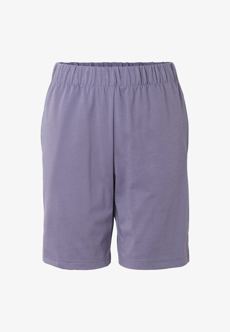 Shorts lavande longueur genou avec taille élastique et coutures simples, fabriqués en tissu doux et léger.