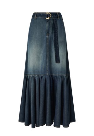 Gonna midi in denim con orlo arricciato a volant, passanti per cintura e cintura abbinata con fibbia tonda in metallo dorato.