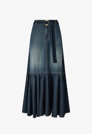 Gonna midi in denim con orlo arricciato a volant, passanti per cintura e cintura abbinata con fibbia tonda in metallo dorato.
