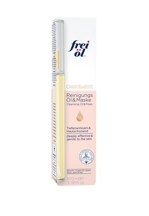 Cleansing oil and mask in a clear tube next to white-pink box labeled "frei öl" for face, eyes, and lips, 100 ml, deeply effective and gentle on skin.