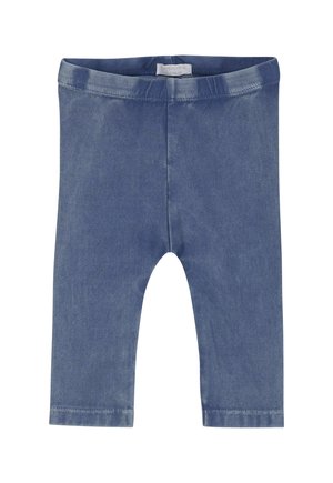 Blauwe zachte babyleggingen van stof met een elastische tailleband, zonder zichtbare zakken of patronen, plat gelegd op een witte achtergrond.