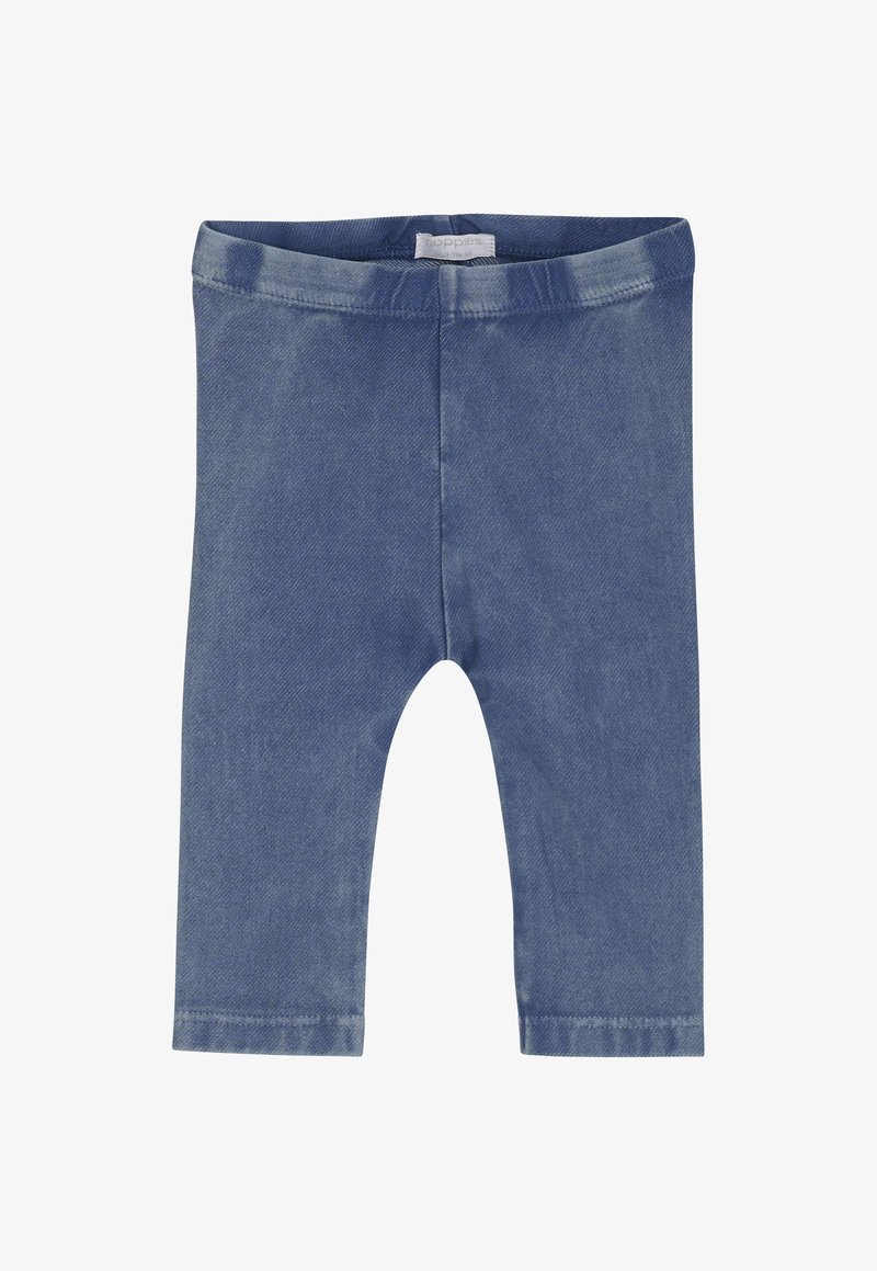 Leggings pour bébé en tissu doux bleu avec une taille élastique, sans poches ni motifs visibles, disposés à plat sur un fond blanc.