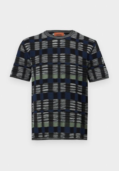 Short-sleeve knit T-shirt in navy, black, and green with a checkered pattern and subtle texture. Features a crew neckline and brand tag.