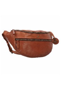 Braune Leder-Schultertasche mit geschwungener Form, zwei Reißverschlusstaschen und einem abnehmbaren Tragegurt. Enthält ein rundes Lederschild mit einem Anker-Logo.