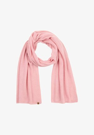 Zacht roze gebreide sjaal, gemaakt van lichtgewicht stof, heeft een gladde textuur en valt losjes, met een klein merklabel in de hoek.