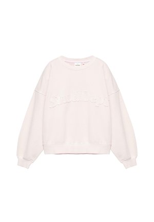 Jasnoróżowa bluza z okrągłym dekoltem, długimi rękawami i wypukłym, haftowanym napisem „StudDept” na piersi.
