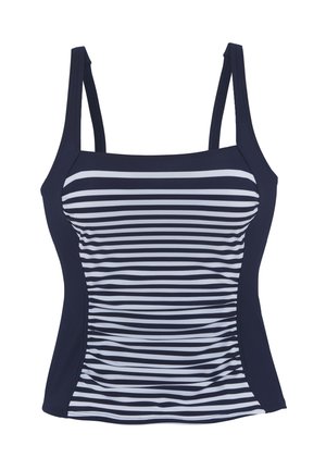 Temno modra tankini zgornji del z belimi vodoravnimi črtami, s prilagodljivimi naramnicami in oblikovanim dizajnom z nabranimi stranskimi detajli.
