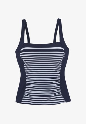 Top tankini blu navy con righe orizzontali bianche, dotato di spalline regolabili e design aderente con dettagli arricciati sui lati.