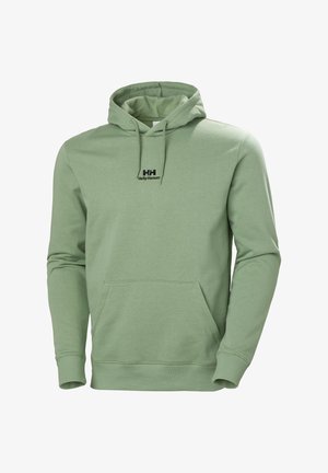 Lichtgroene hoodie van zachte stof, met een voorzak, rib gebreide manchetten en een zwart Helly Hansen-logo op de borst.