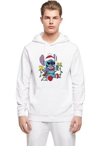 Felpa bianca con cappuccio che presenta un personaggio di cartone colorato con un cappello di Babbo Natale, circondato da luci natalizie, con un design di un canguro.