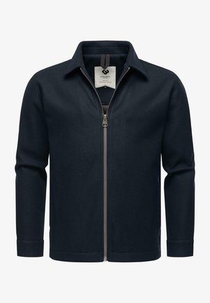 Navy zip-up jacket with a collared neck and long sleeves. Features a smooth fabric texture and metal zipper at the front.