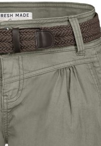 Olive green shorts with a braided brown fabric belt, featuring pleated details and reinforced stitching along the waistband and pockets.
