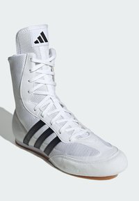 White wrestling shoe with mesh upper, three black stripes, lace-up front, and suede accents. Features a rounded toe and flexible sole.