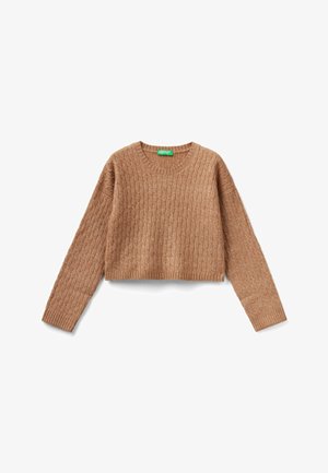 Brun kabelstrikket cropped sweater med lange ærmer og rund halsudskæring lagt fladt på hvid baggrund.