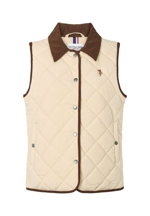 Gilet trapuntato beige senza maniche con colletto in velluto a coste marrone, chiusura con bottoni, tasche laterali e piccolo logo ricamato sul petto.