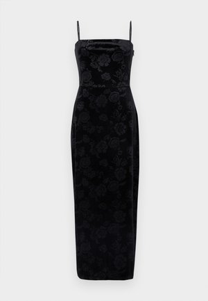 Robe midi en velours noir avec fines bretelles et motif floral. Texture lisse avec une coupe ajustée qui s'affine jusqu'à l'ourlet.