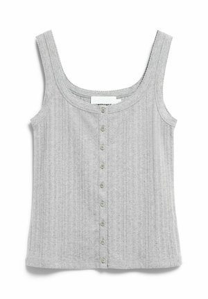 Hellgraues ärmelloses, geripptes Strick-Top mit Knopfleiste vorne und Rundhalsausschnitt.