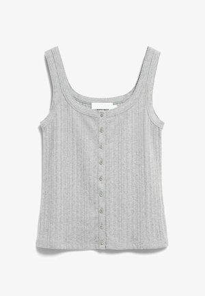 Hellgraues ärmelloses, geripptes Strick-Top mit Knopfleiste vorne und Rundhalsausschnitt.