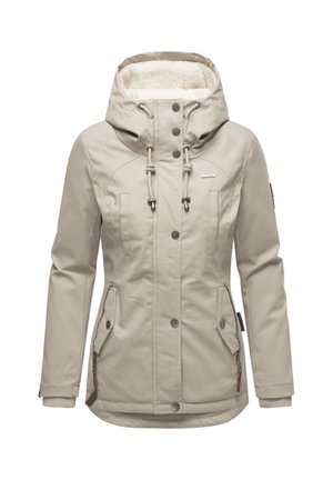 Chaqueta beige con capucha que cuenta con dos bolsillos laterales, un forro interior suave y botones a presión. Tejido suave con detalles de costuras reforzadas.