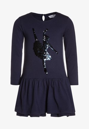 Navyblaues Langarmkleid mit einem gestuften Rock und einem Pailletten-Balletttänzer-Design auf der Vorderseite. Keyhole-Rückenverschluss. Material aus Baumwollmischung.