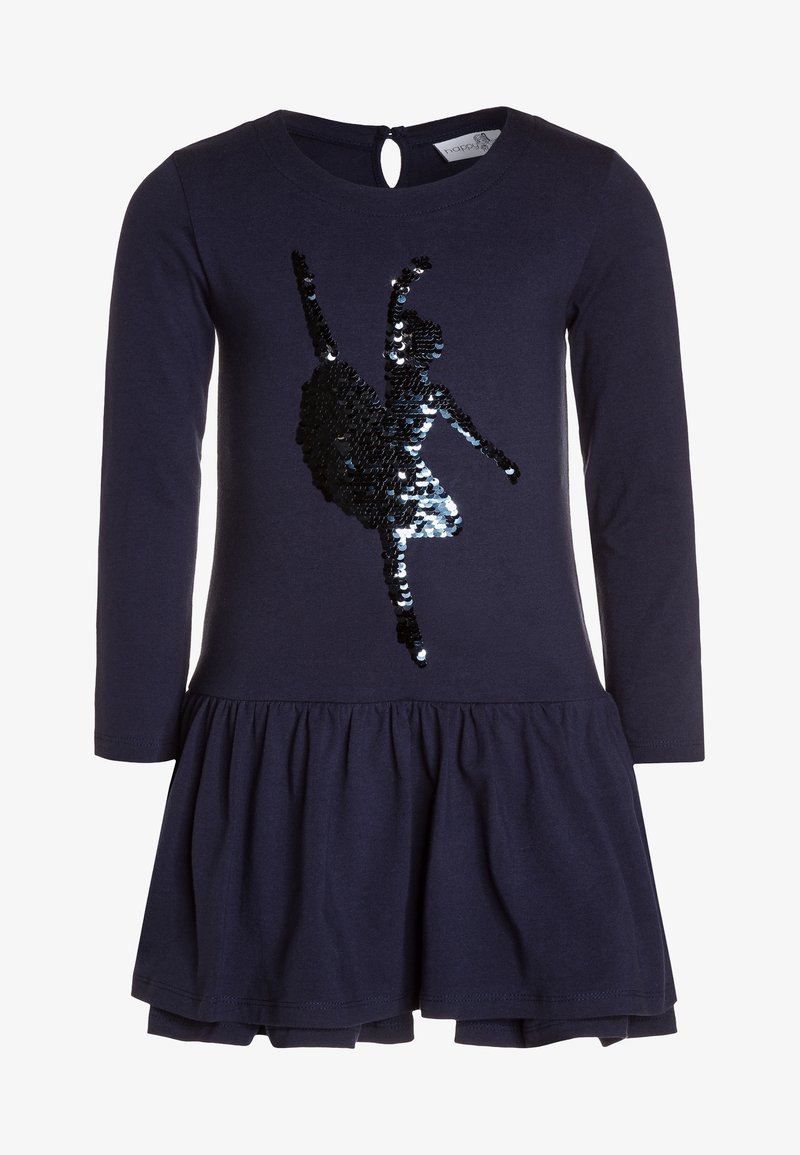 Námořnické šaty s dlouhým rukávem, s volánkovou sukní a designem baleríny z flitrů na přední straně. Uzávěr na zádech ve tvaru klíčové dírky. Materiál z bavlněné směsi.