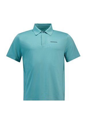 Polo shirt verde acqua a maniche corte realizzato in tessuto morbido. Presenta un colletto, una patta con bottoni e una stampa del logo laterale.