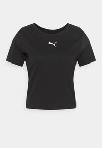 Czarny krótki t-shirt wykonany z bawełny, z krótkimi rękawami i białym logo Puma umieszczonym na środku klatki piersiowej. Gładka faktura.